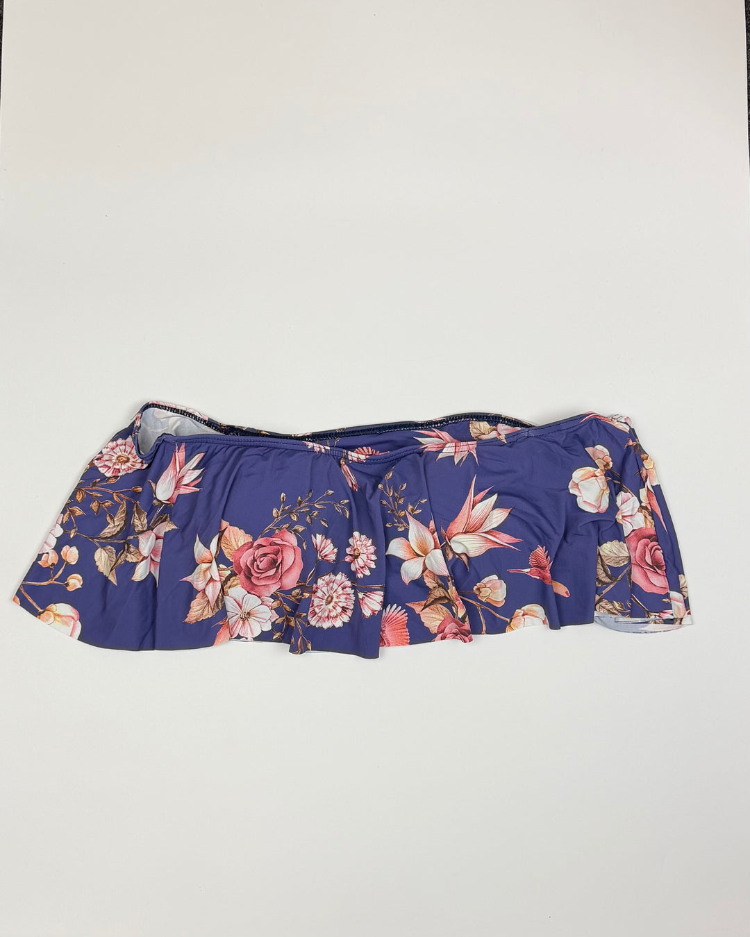 Vintage Blue Floral Ruffle Bandeau Bikini Top - Small