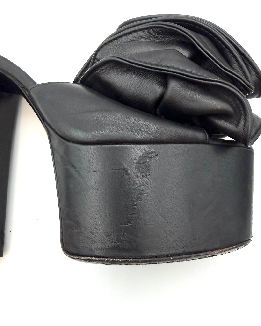Rich Black Smooth Leather Ruffle Platform Heels - Size 40