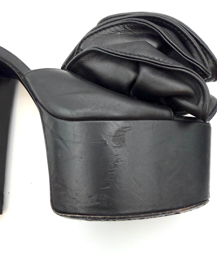Rich Black Smooth Leather Ruffle Platform Heels - Size 40