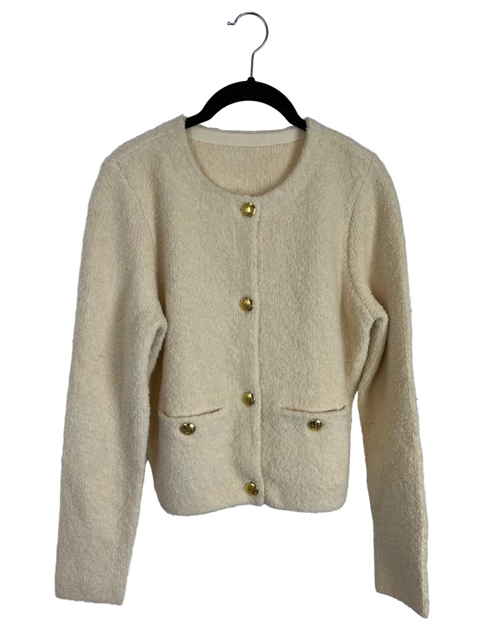 Beige Button Up Cardigan with Gold Accents - Size 2/4