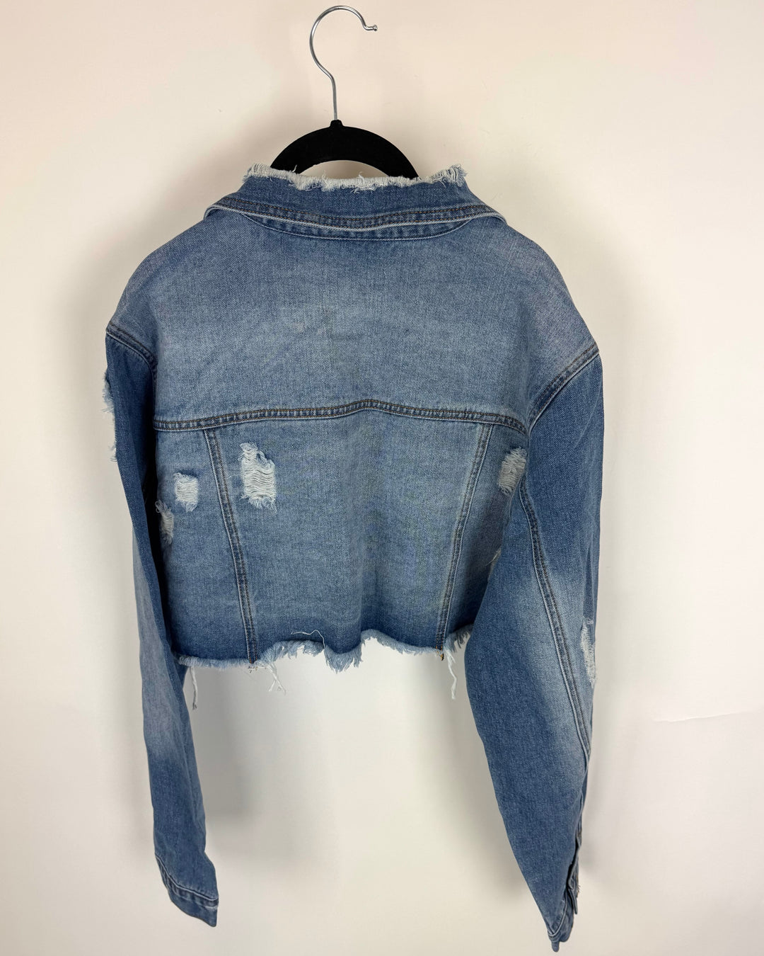 Medium Wash Cropped Distressed Denim Jacket - Size 2X