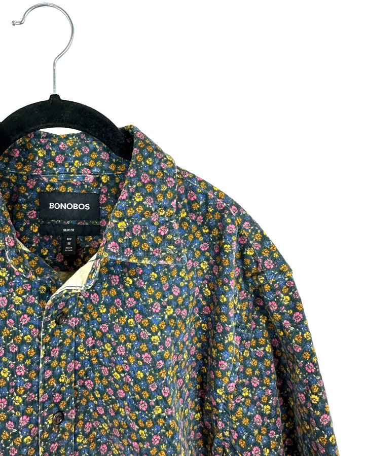 Mens Dark Teal Floral Button Up Shirt - Medium