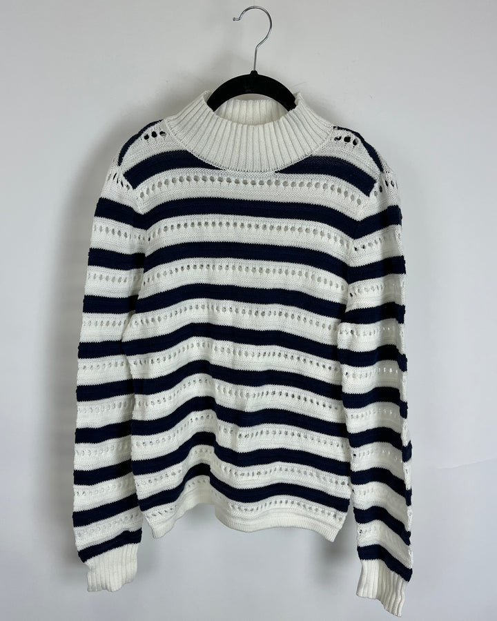 White and Navy Striped Mock Neck Sweater - 2/4