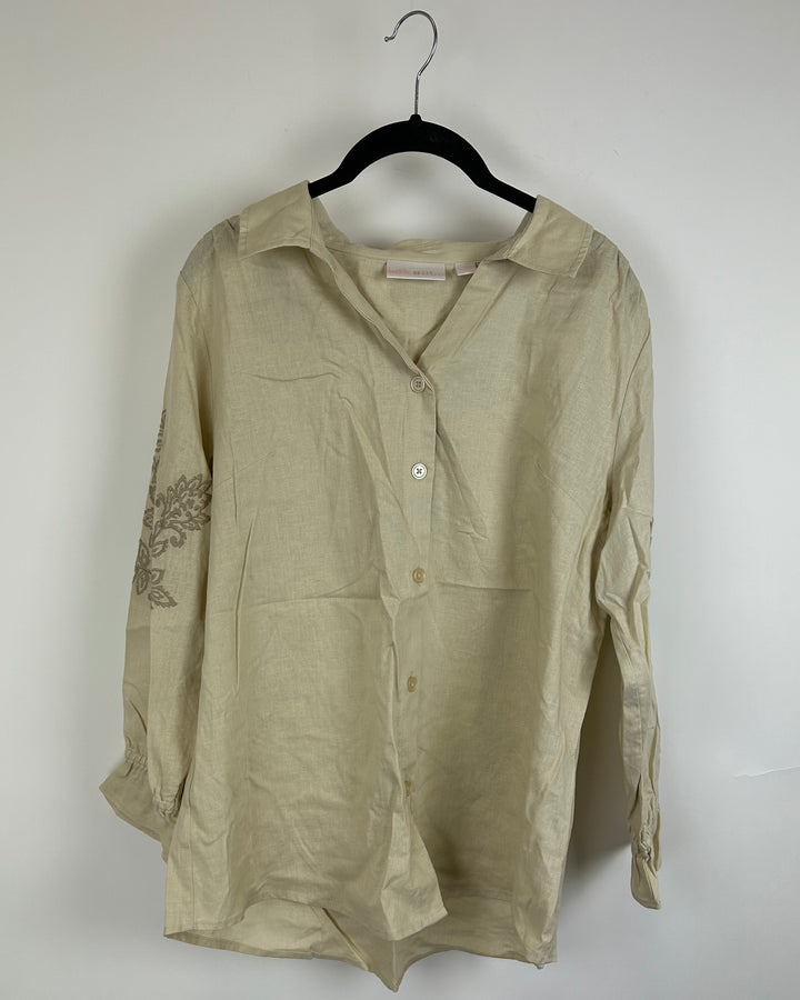 Beige Button-Up Shirt with Embroidered Sleeve- Size 6/8