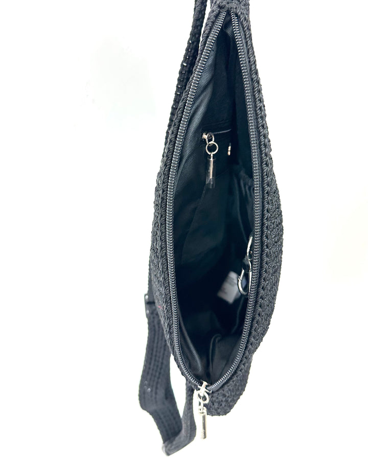 Black Crochet Sling Backpack With "MRH" Initials