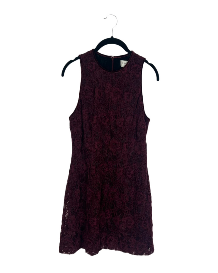 Burgundy High Neck Velvet Lace Dress - Size 4