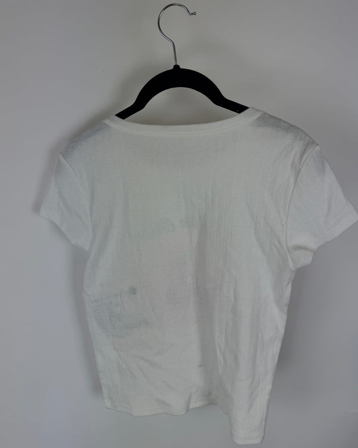 White Fitted Pointelle T-Shirt With Cherry Design - Size 4/6
