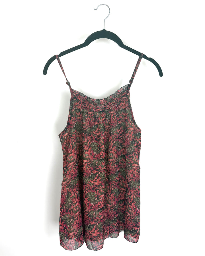 Dark Red/Green Floral Spaghetti Strap Flowy Top - Size 2/4