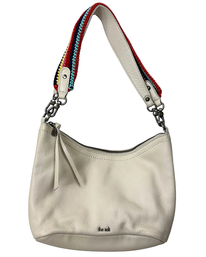 Cream Leather Shoulder Bag With Colorful Strap