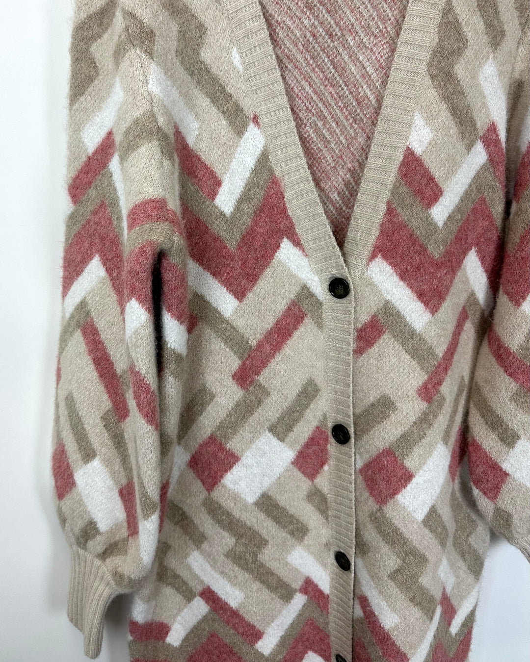 Geometric Knit Button-Up Cardigan- 8/10