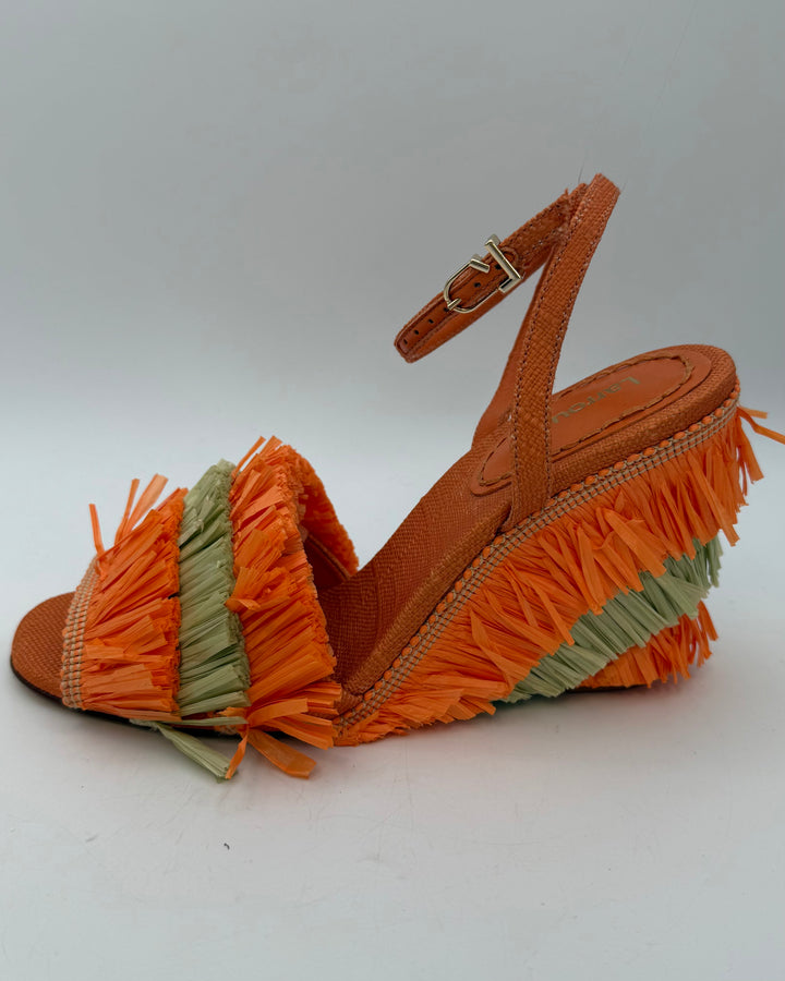 Orange Straw Fringe Wedge Sandal - Size 6.5