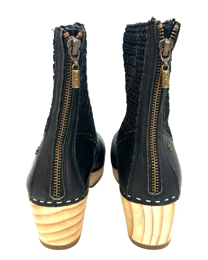 Black Leather & Crochet Clog Boots - Size 6-11