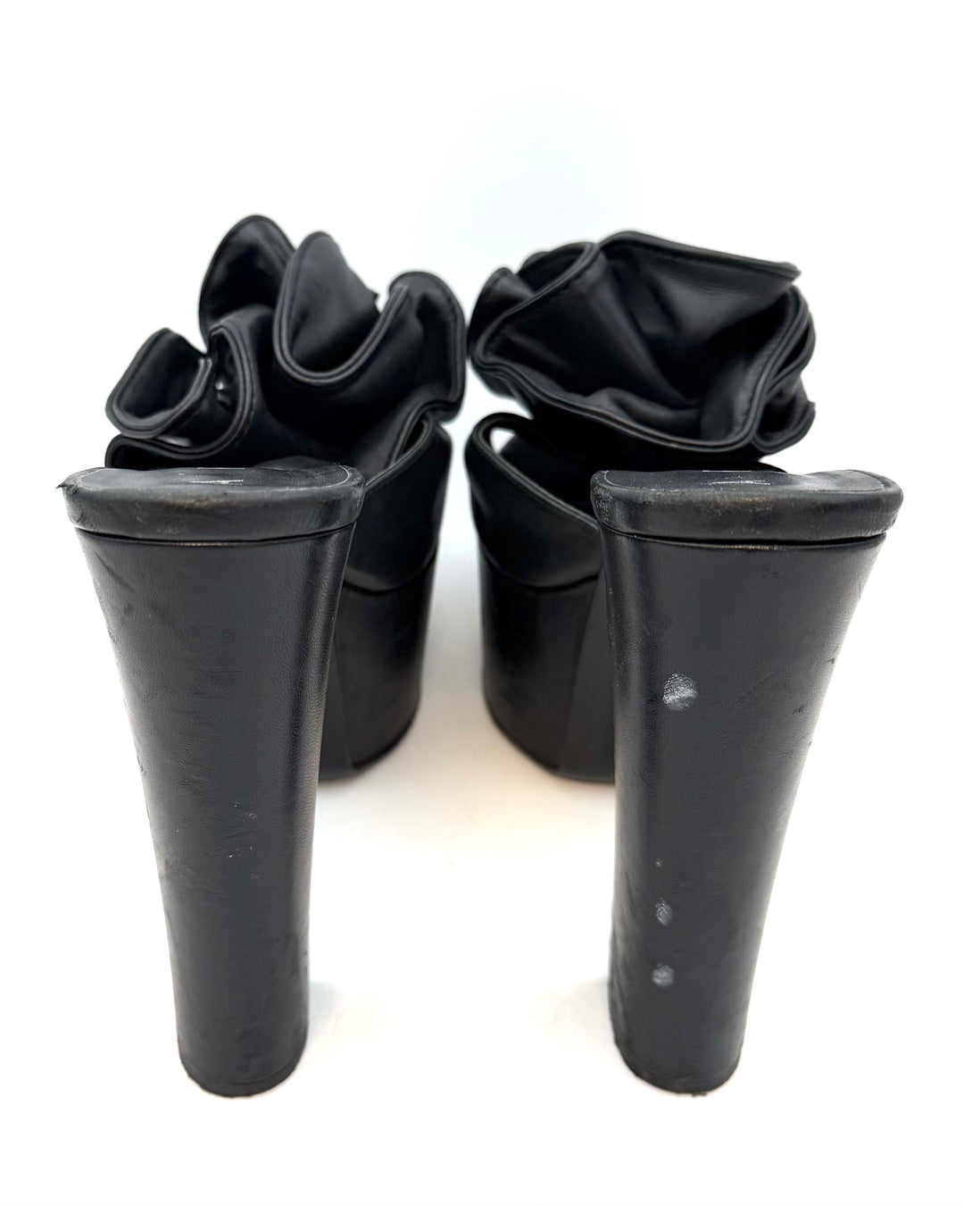 Rich Black Smooth Leather Ruffle Platform Heels - Size 40