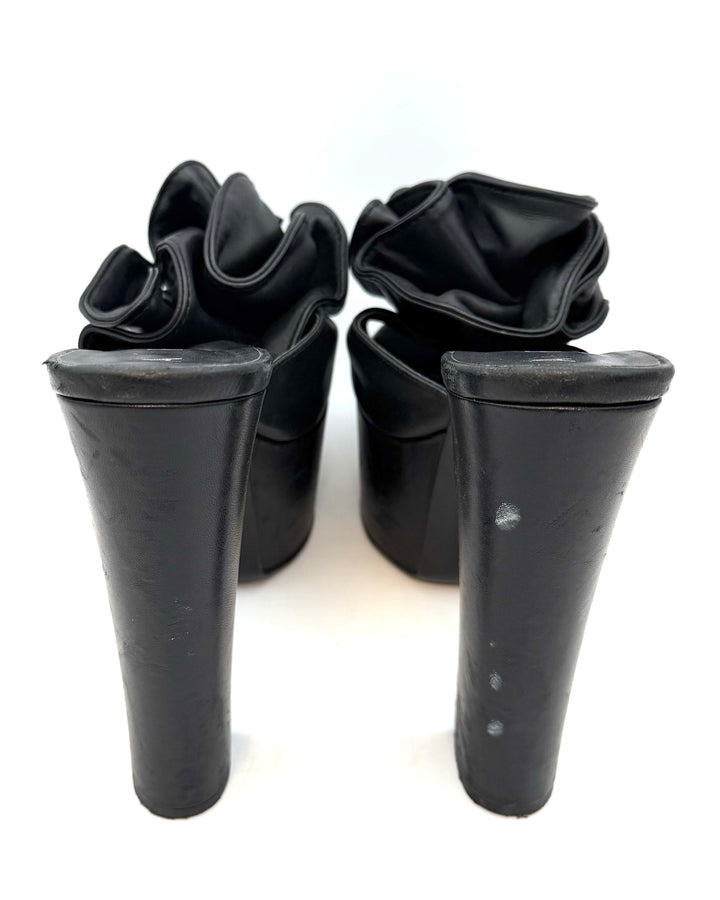Rich Black Smooth Leather Ruffle Platform Heels - Size 40