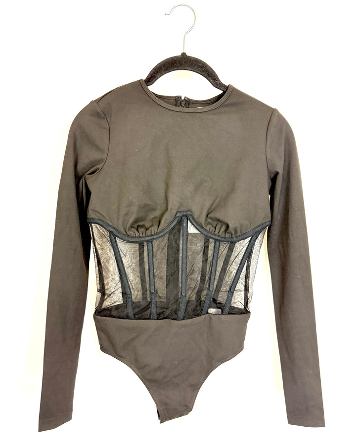 Long Sleeved Black Lace Bodysuit - Size 00/4