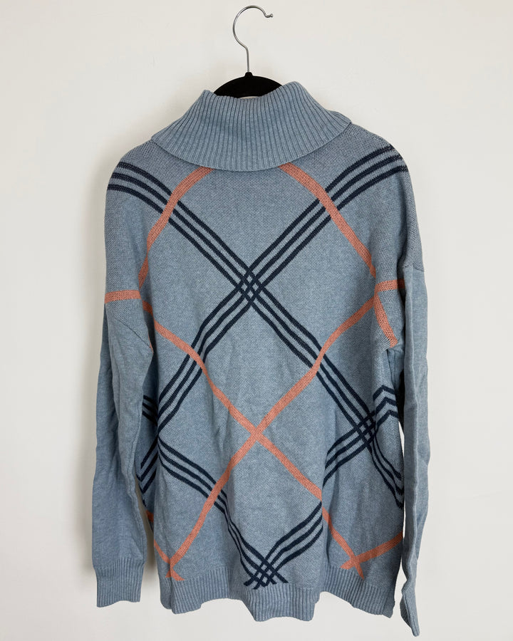 Blue Plaid Turtleneck Sweater - Small