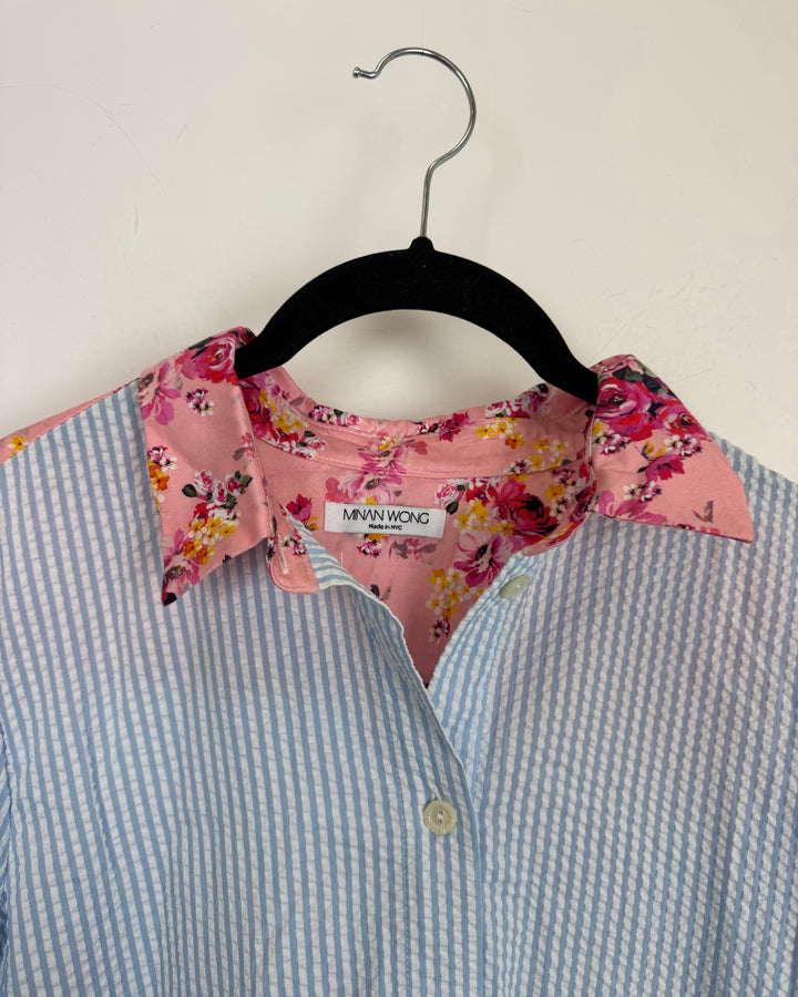 Floral & Blue Striped Shirt Dress - Size 2/4