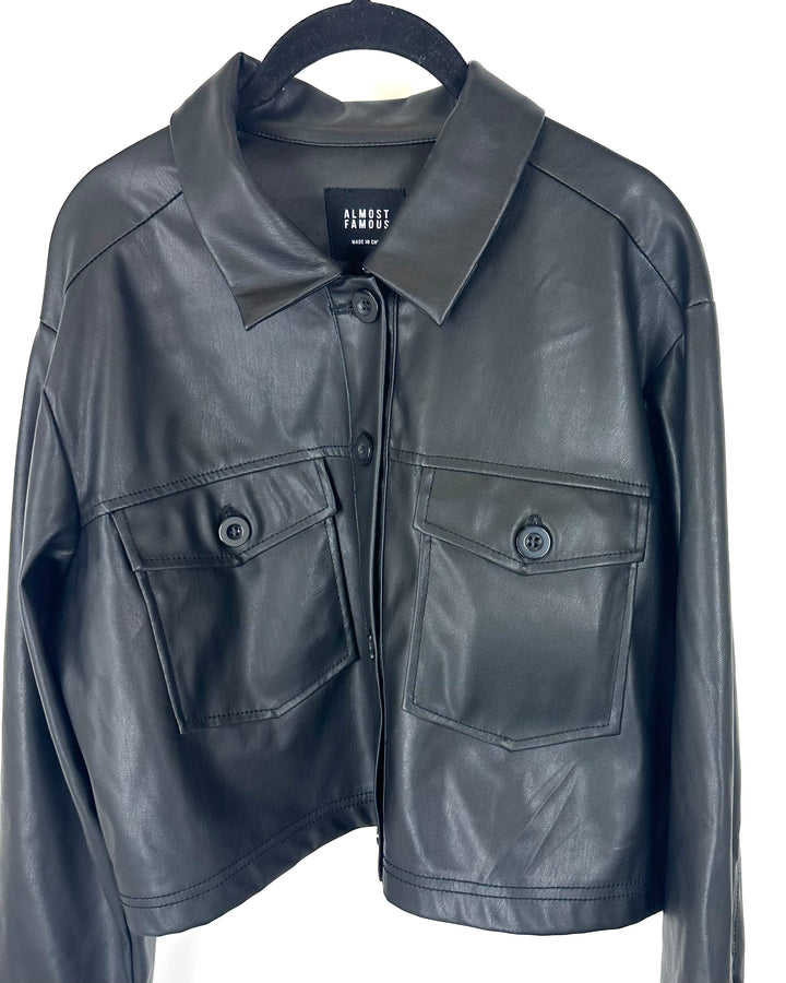 Black Faux Leather Cropped Jacket - Size 4/6