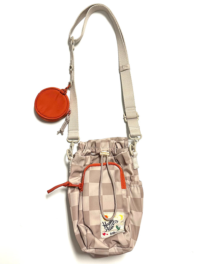 Beige and Ivory Checkerboard Drawstring Bag