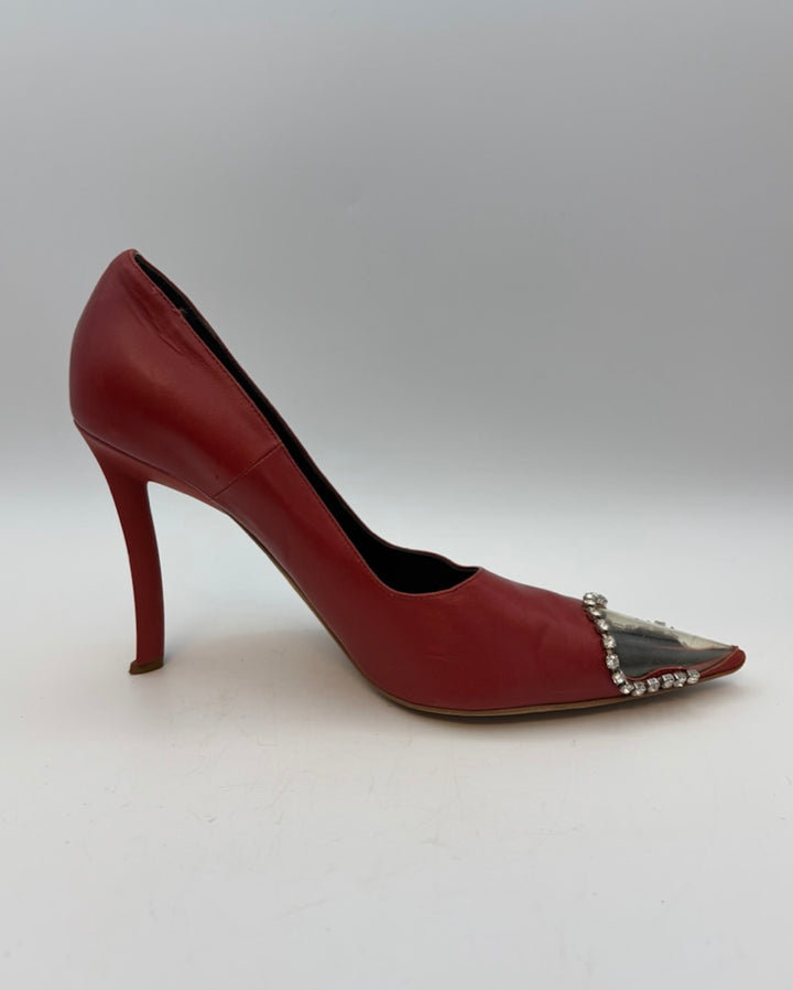 Dark Red and Clear Rhinestone Toe Heels - Size 40