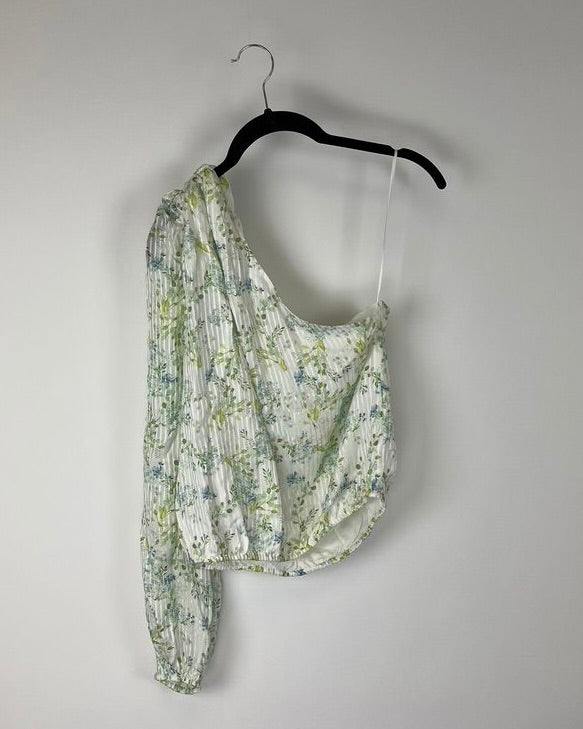 Blue Floral Print One Shoulder Top - Size 6