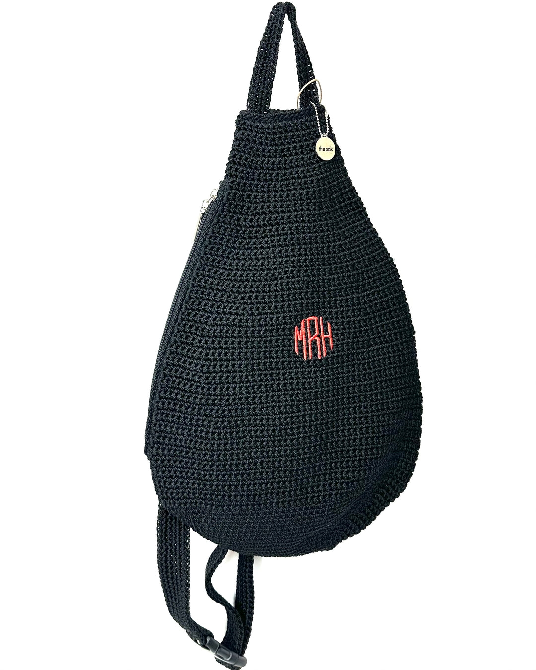 Black Crochet Sling Backpack With "MRH" Initials