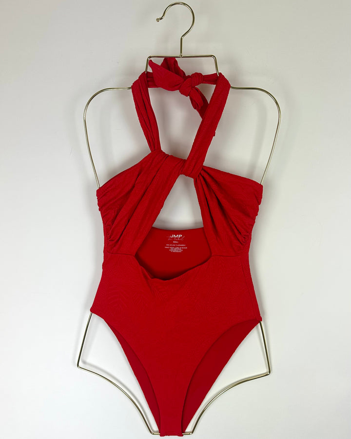 Red Embossed Multi Wear One Piece Swimsuit - Extra Small