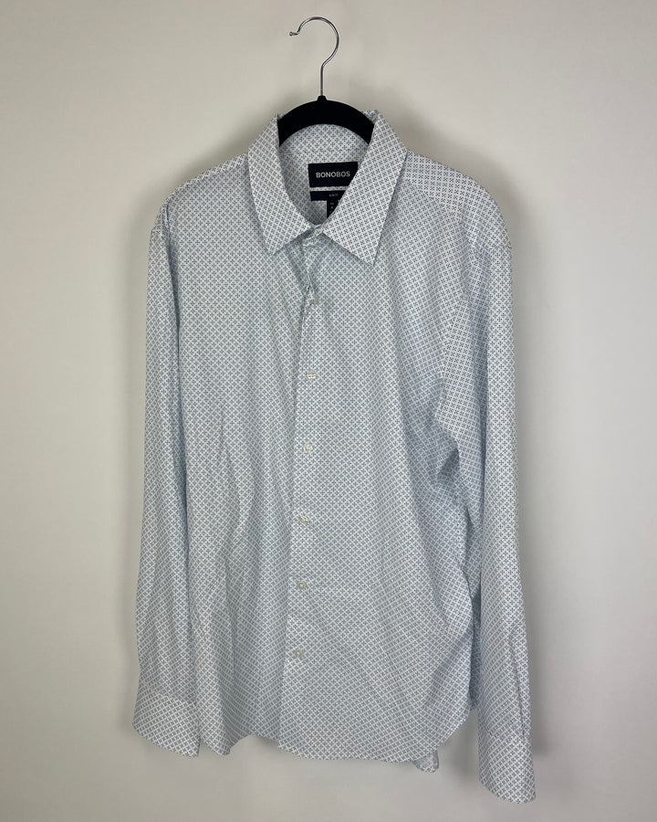 MENS White Collared Shirt With Blue Diamonds - Slim Fit Medium