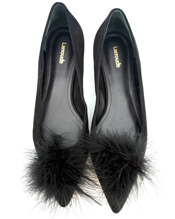 Black Suede Pom Pom Ballet Flat - Size 10