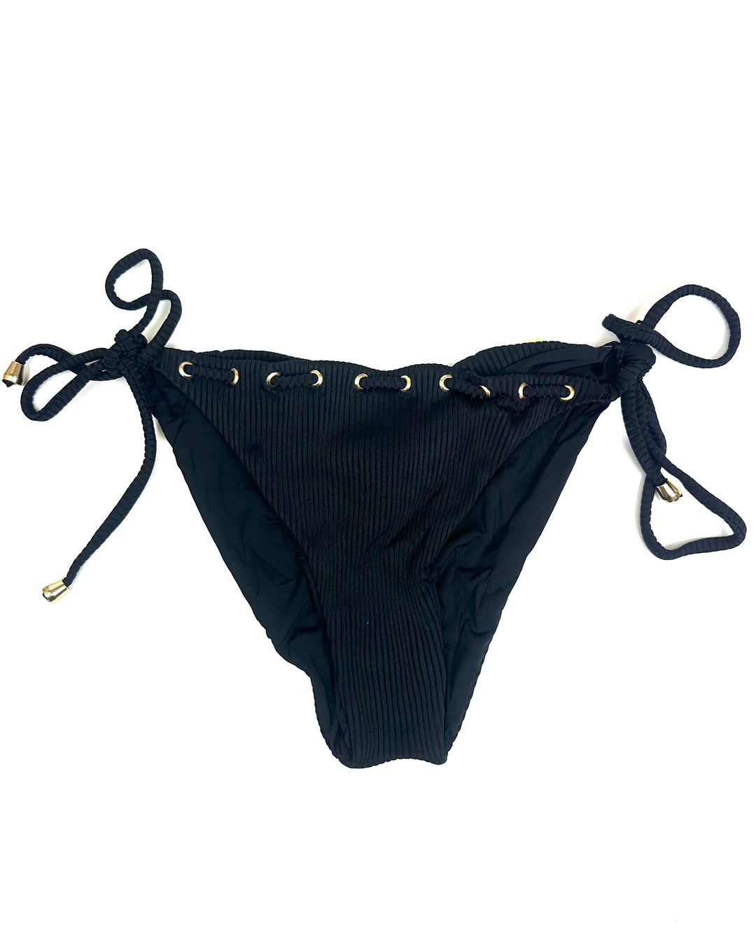 Black Ribbed & Gold String Bikini Bottom - XS - XL