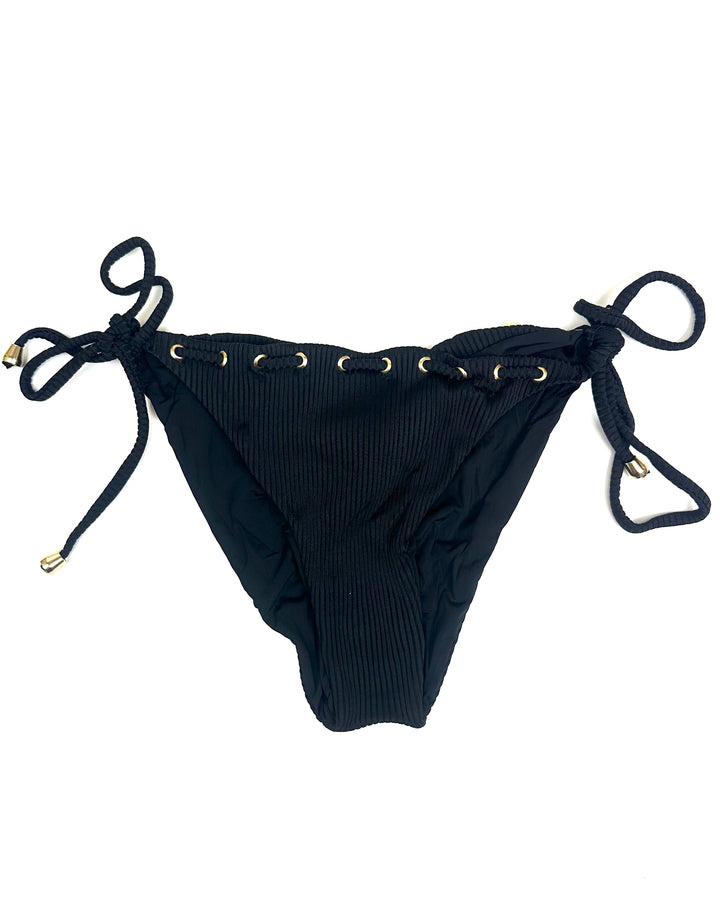 Black Ribbed & Gold String Bikini Bottom - XS - XL