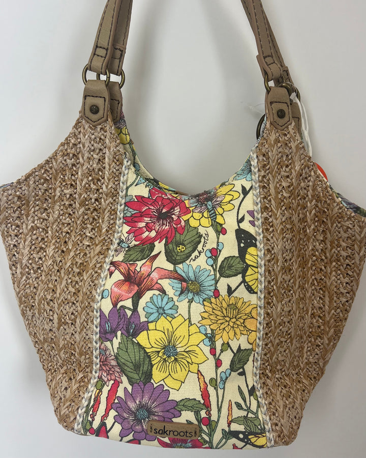 Multi Color Floral And Raffia Mini Tote Bag