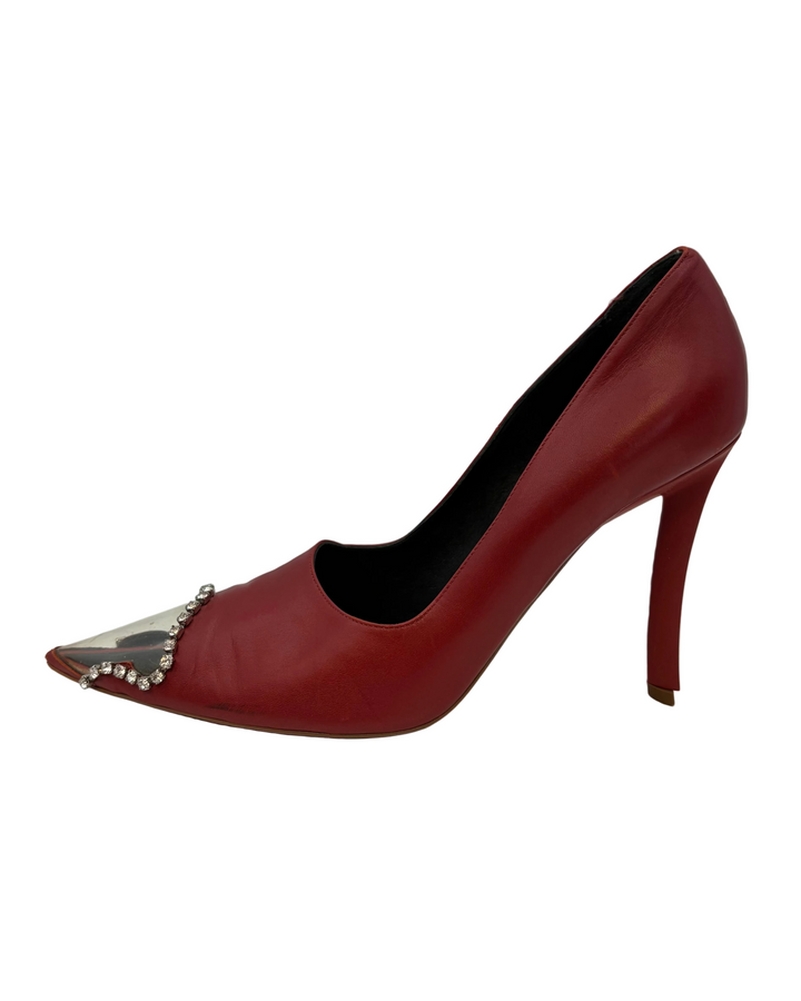 Dark Red and Clear Rhinestone Toe Heels - Size 40