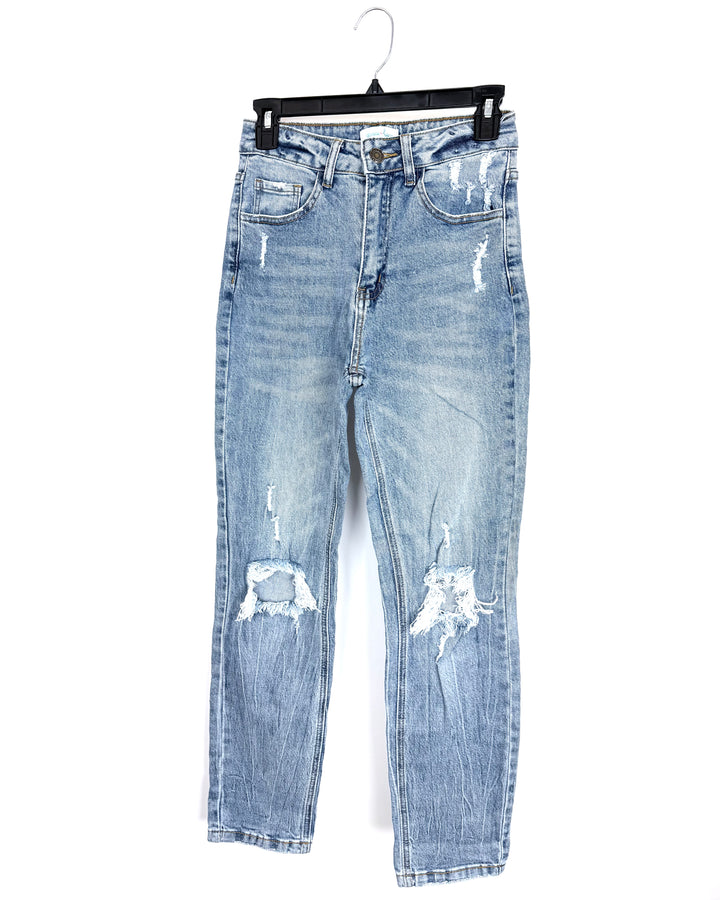 Stone-Washed Blue Distressed Tapered Jeans - SIze 0