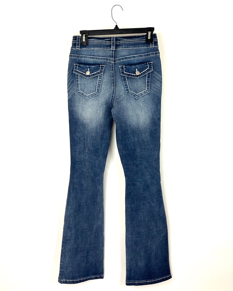 Distressed Bootcut Jeans With Button Pockets - Size 0/2