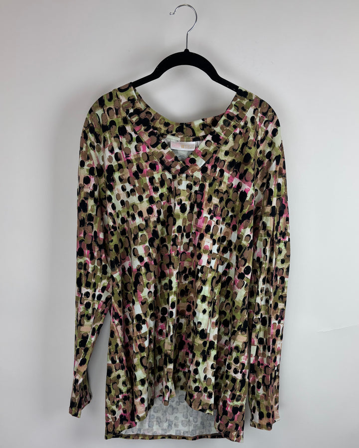 Green, Brown and Pink Dot Pattern Long Sleeve Top - Size 14/16
