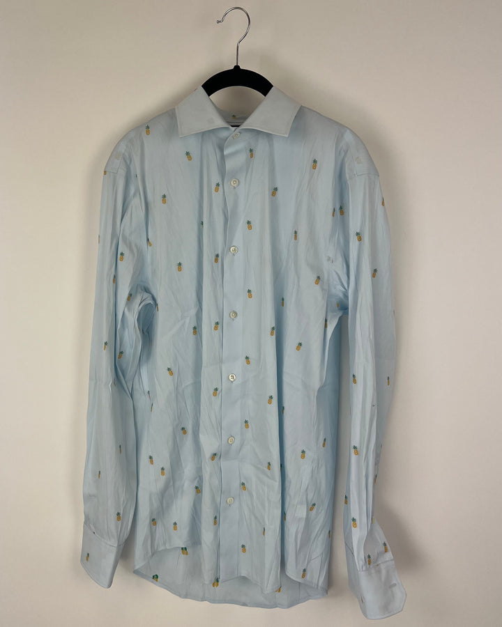 MENS Blue Pineapple Print Slim Fit Dress Shirt - 15 1/2 x 35