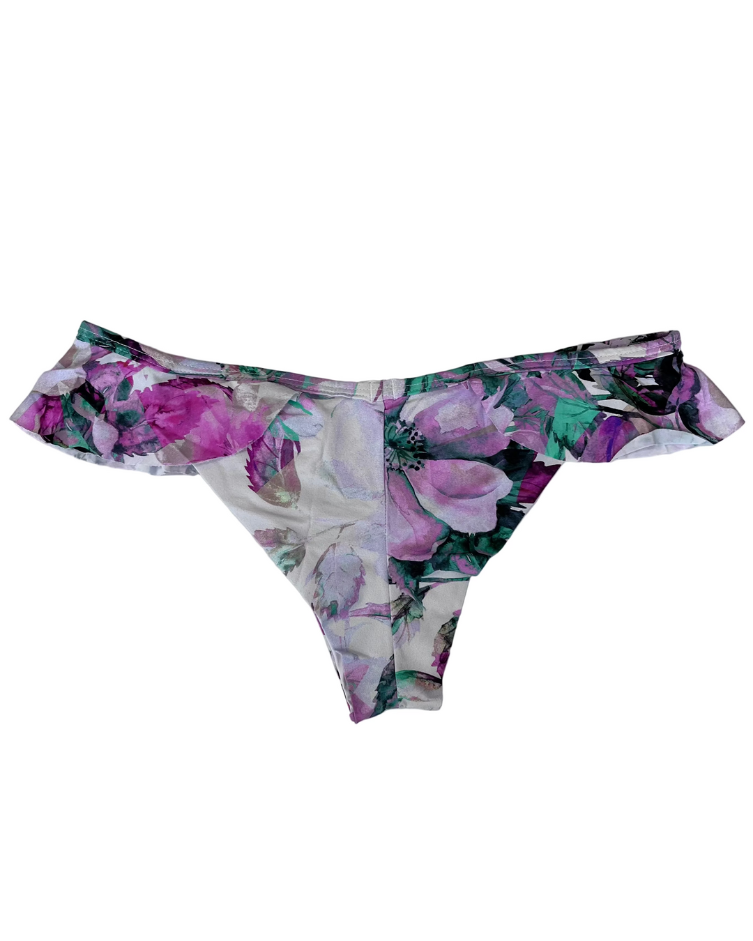 Purple Floral and White Ruffle Low Rise Bikini Bottom - Large