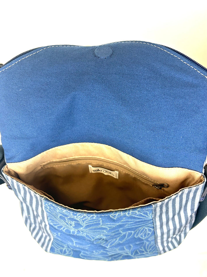 Blue Embroidered Crossbody Bag with Flapover Closure