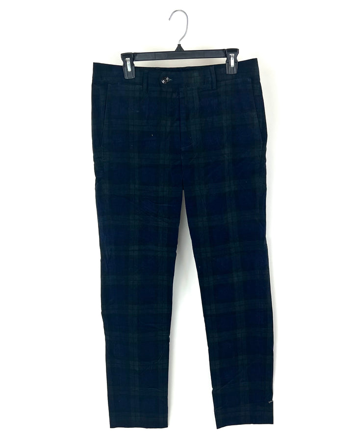 MENS Dark Blue And Green Plaid Velvet Slim Pants - 32X32