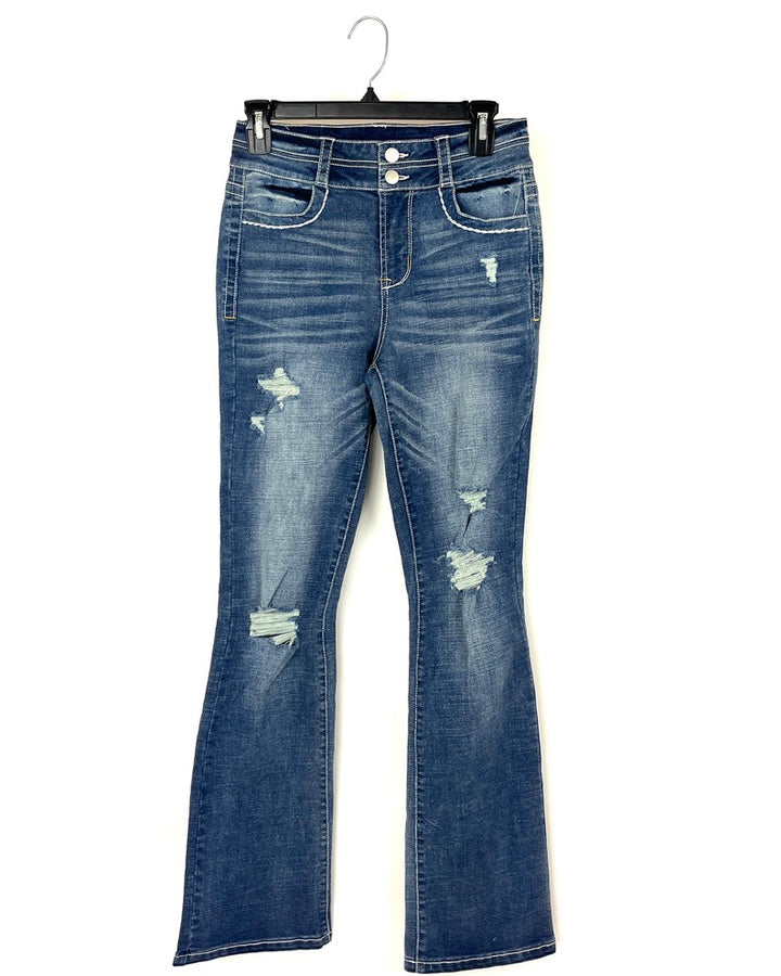 Distressed Bootcut Jeans With Button Pockets - Size 0/2