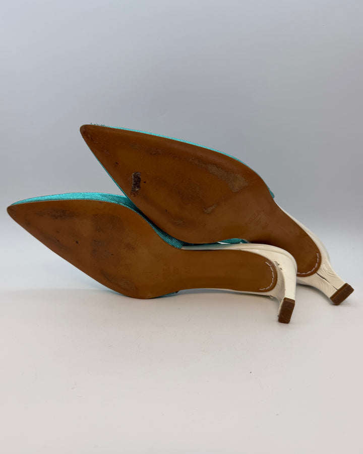 Textured White and Metallic Teal Heels - Size 40