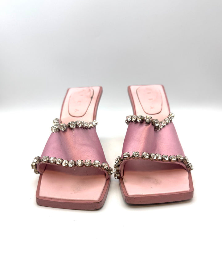 Pink Satin Bold Gem Square Toe Heels - Size 40