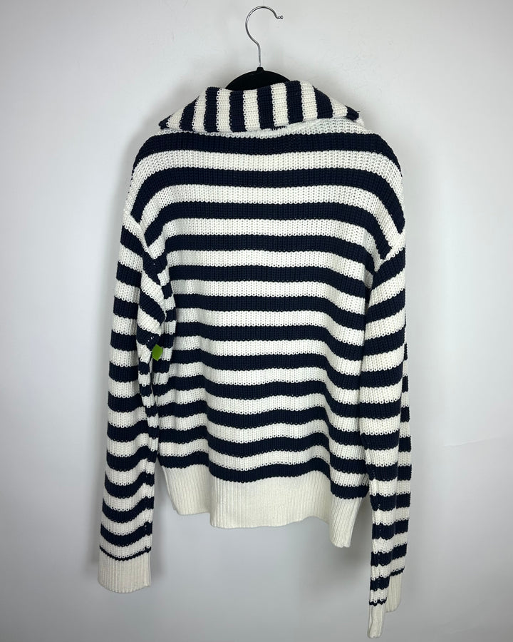 Navy and White Crochet Knit Sweater - Size 8/10