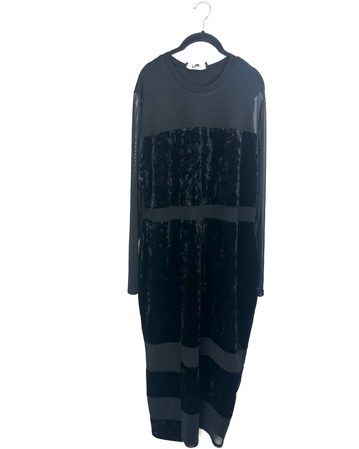 Black Mesh & Velvet Long Sleeve Dress - 2X