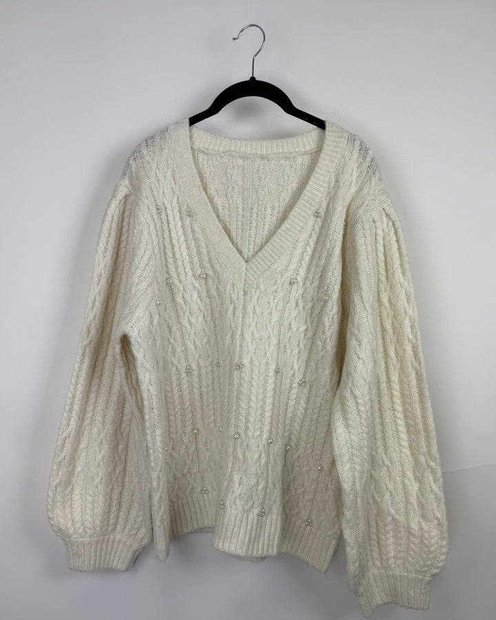 White Pearl Cable Knit Sweater - Large