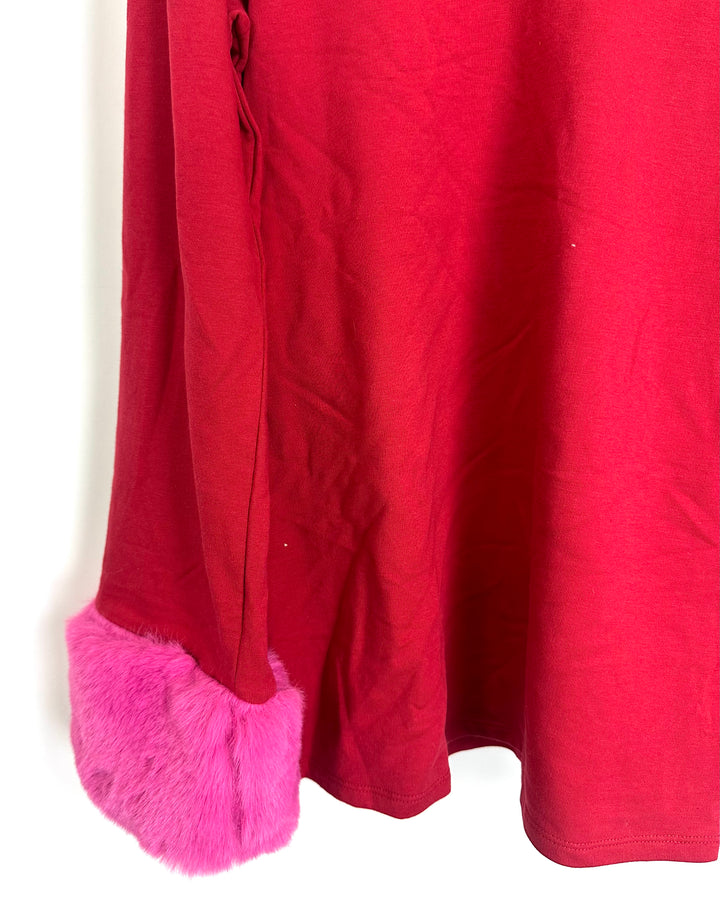 Red Long Sleeve Top with Pink Faux Fur Cuffs - Size 6/8