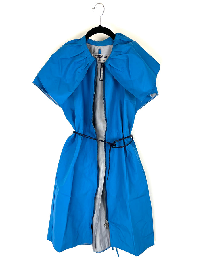 Bright Blue Ruffle Neck Short Sleeve Raincoat - Size 6/8, 10/12 and 14/16