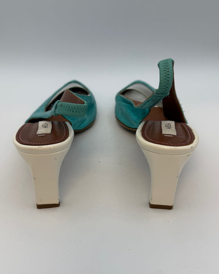 Textured White and Metallic Teal Heels - Size 40