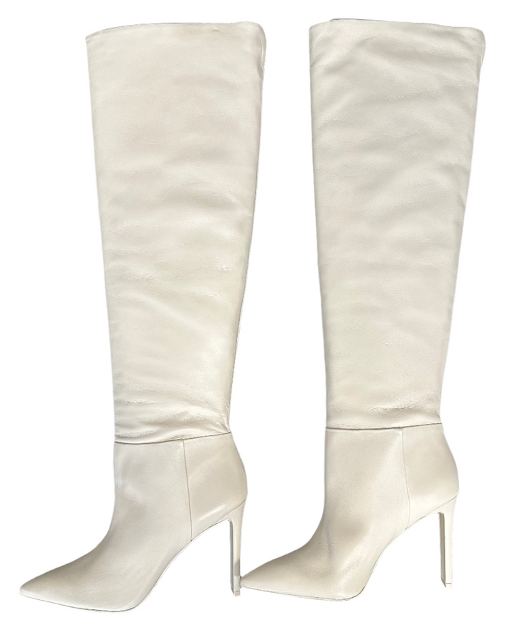 Cream Ultra Tall Leather Pointed Toe Boots - Size 8.5 and 9